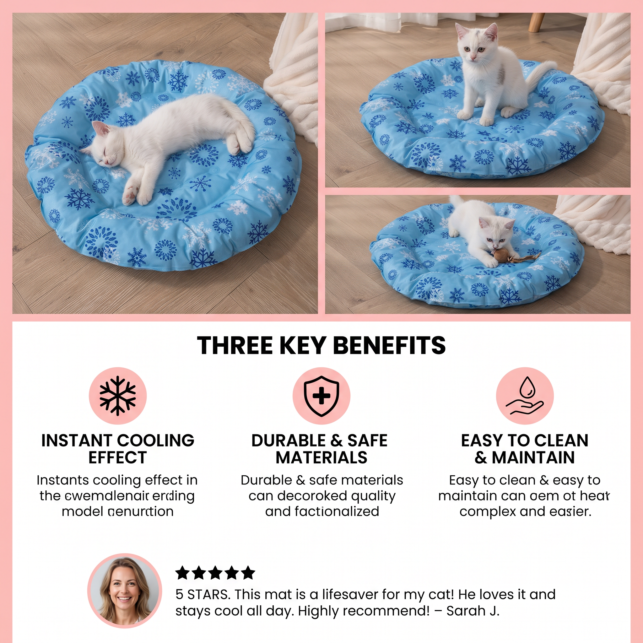 Cat lying on a blue cooling pad with snowflake patterns, surrounded by text highlighting key benefits.