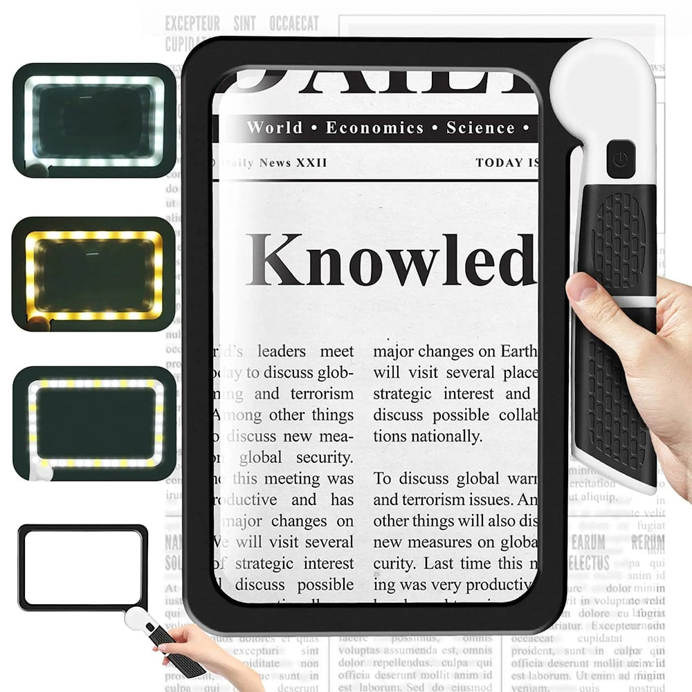 Light-up reading device with screen displaying text, held by a hand.