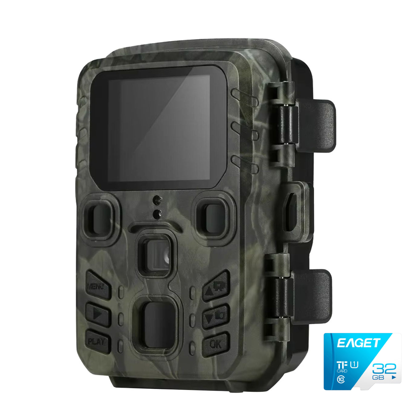 Camouflage-patterned electronic device with a screen and buttons on a white background, featuring the brand 'Eaget'.