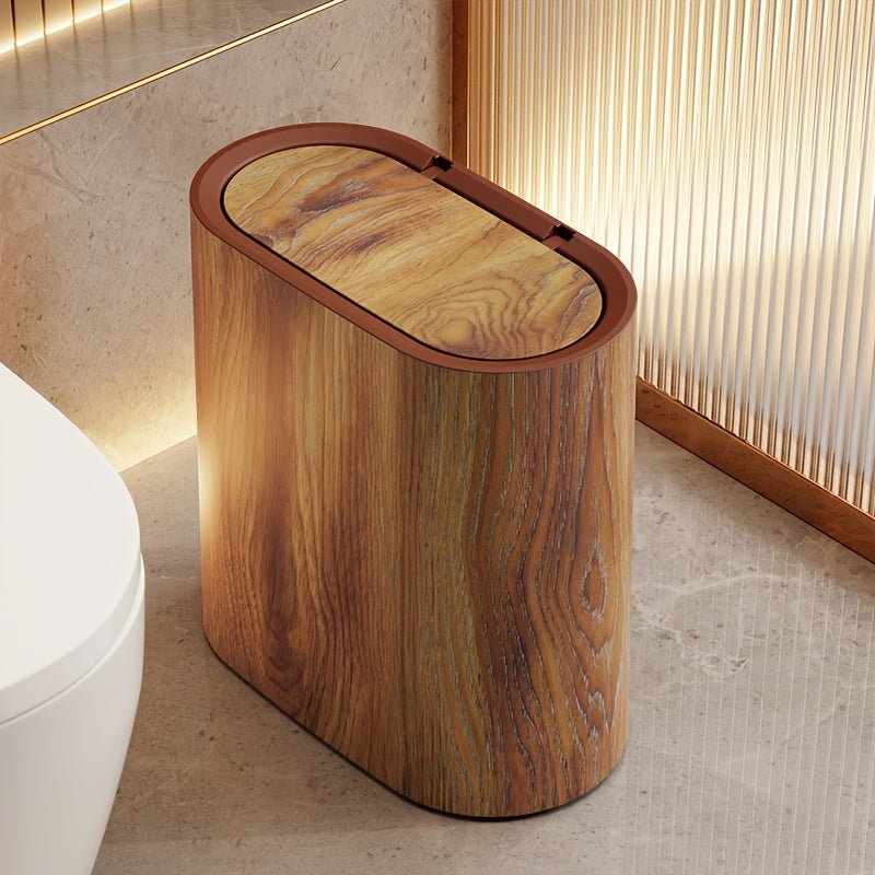 Wooden trash can with a lid in a bathroom setting