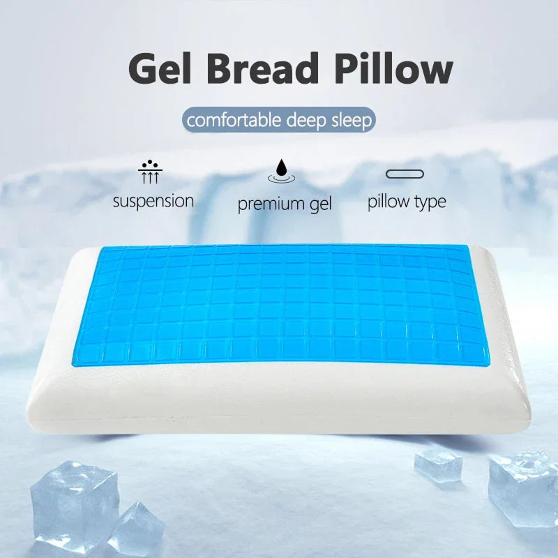 Gel bread pillow with blue grid pattern on a light gray background