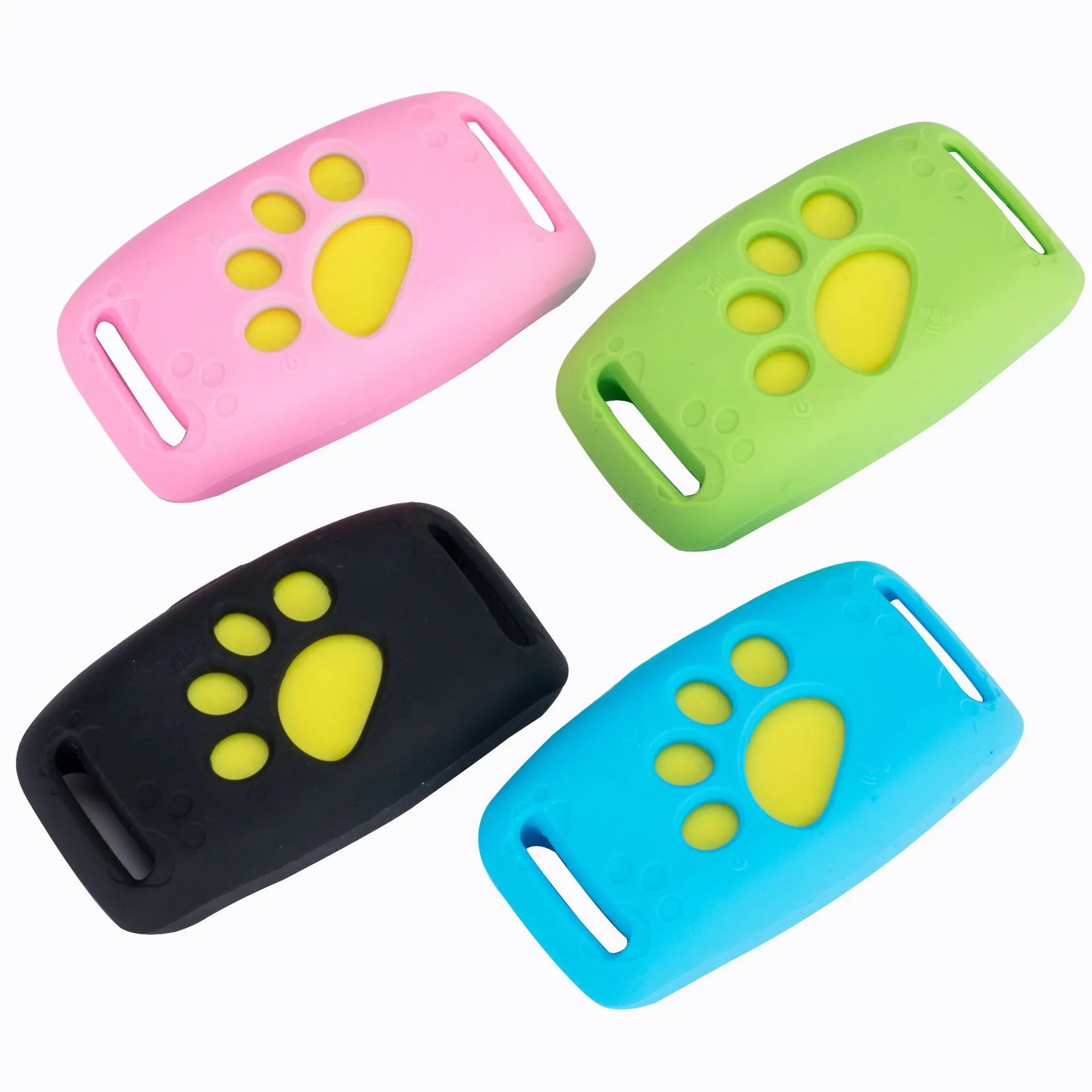 Four colorful dog training collars with paw designs on a white background