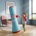 Child playing with a blue inflatable punching bag labeled 'Back to School Bang' in a room.