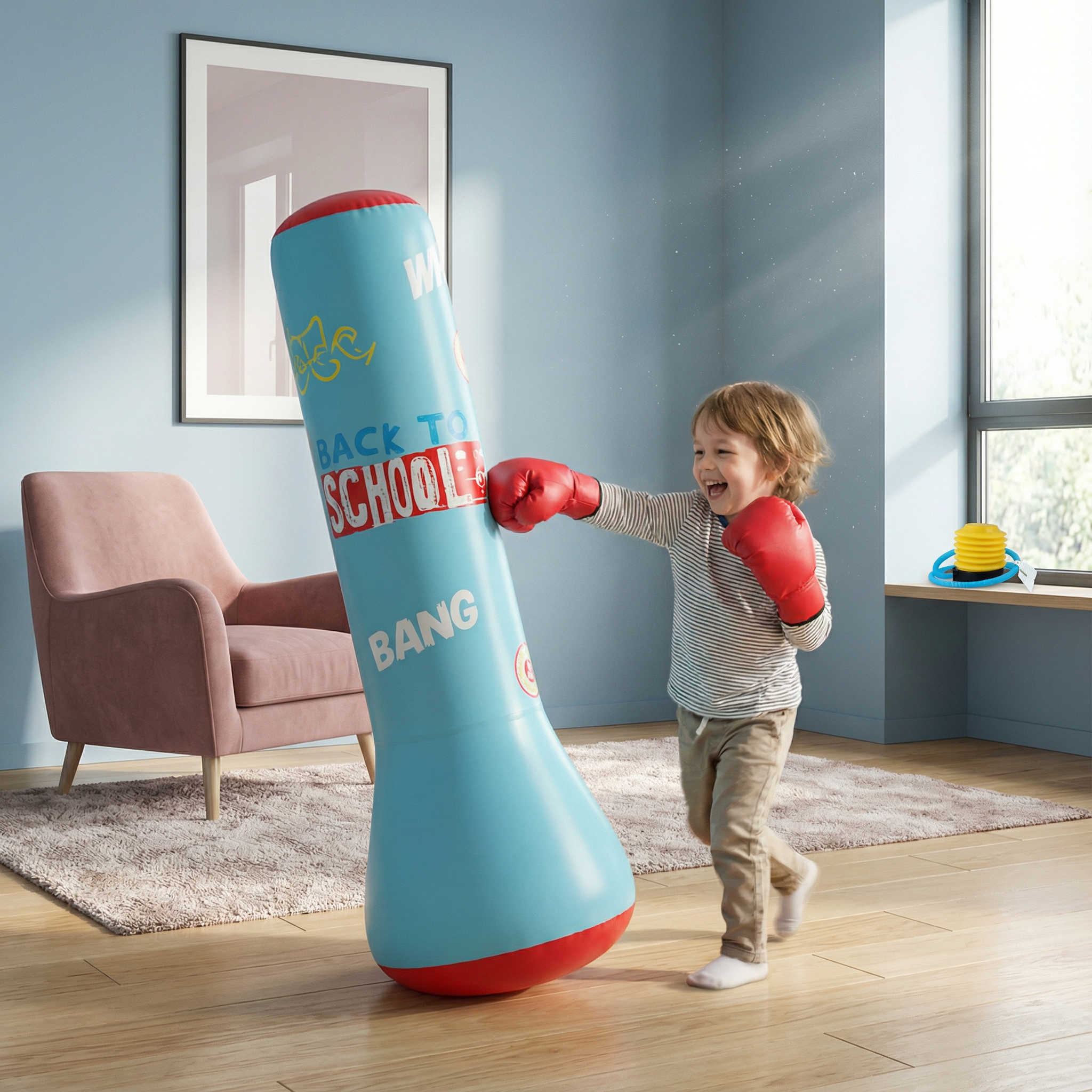 Child playing with a blue inflatable punching bag labeled 'Back to School Bang' in a room.