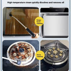 Cleaning process of a range hood and stove with high-temperature steam.