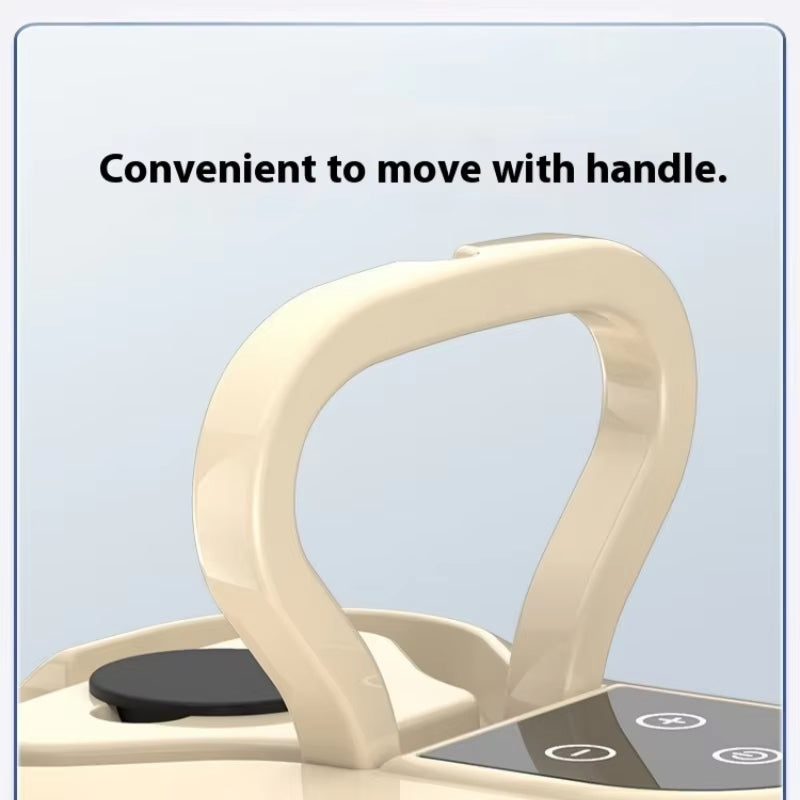 Beige handle of a kitchen appliance with text 'Convenient to move with handle.' on a light blue background.