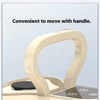 Beige handle of a kitchen appliance with text 'Convenient to move with handle.' on a light blue background.