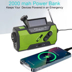 Green and black power bank with radio and phone charging feature on a white background