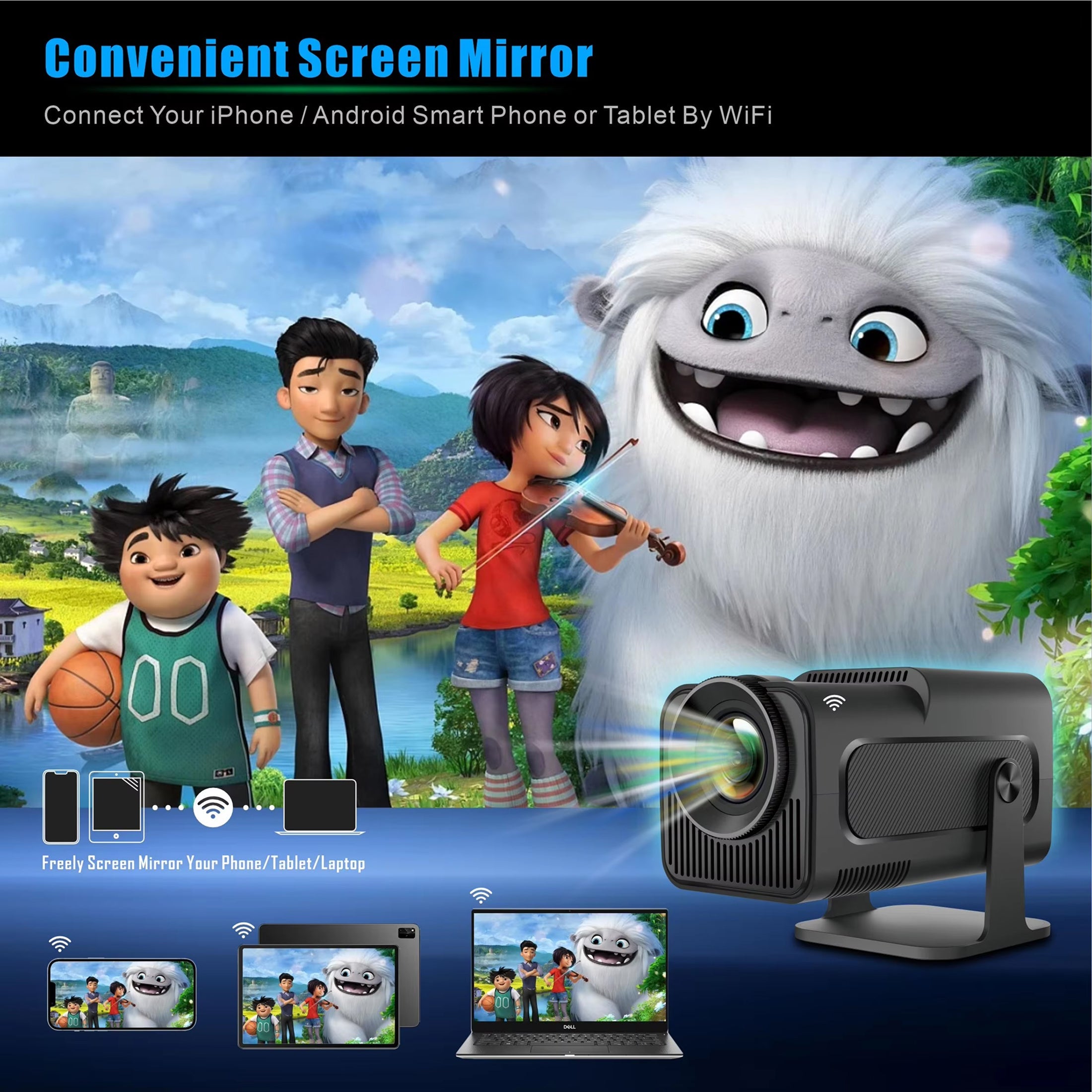 Screen mirroring device with animated characters and scenic background