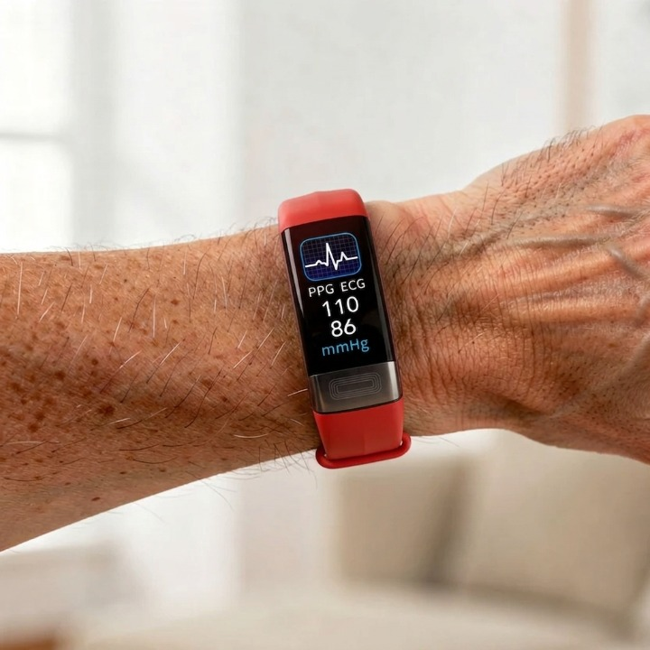 Person wearing a smartwatch with health monitoring app on a blurred background