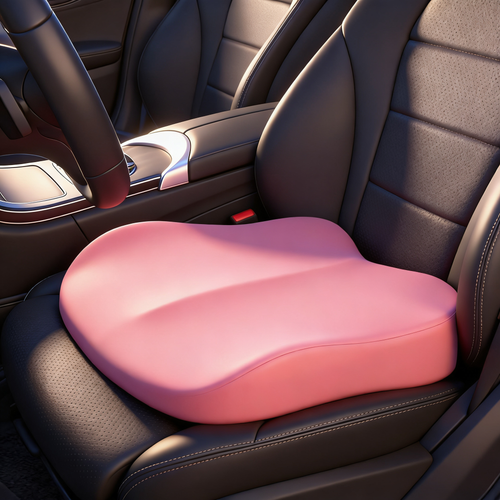 Pink car seat cushion on a black leather car seat
