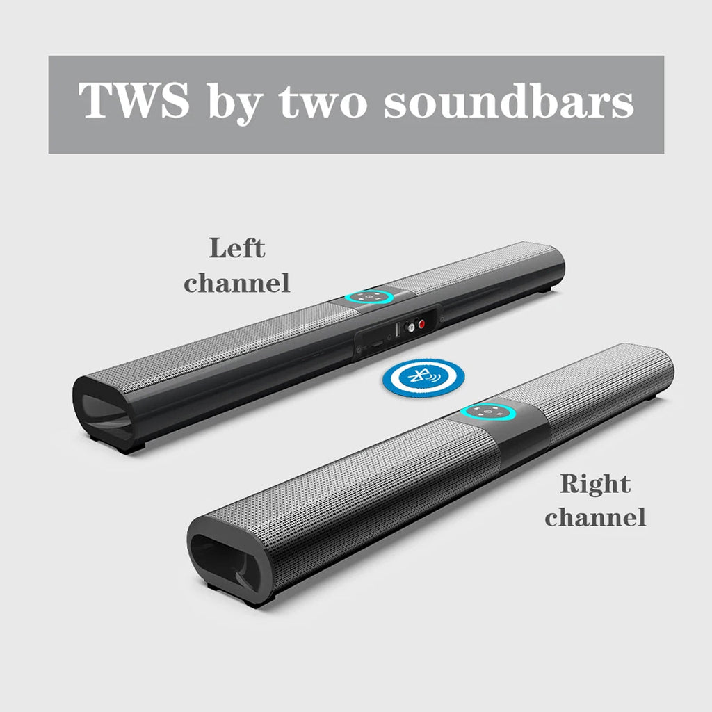 Two soundbars labeled 'Left channel' and 'Right channel' with 'TWS by two soundbars' text above.