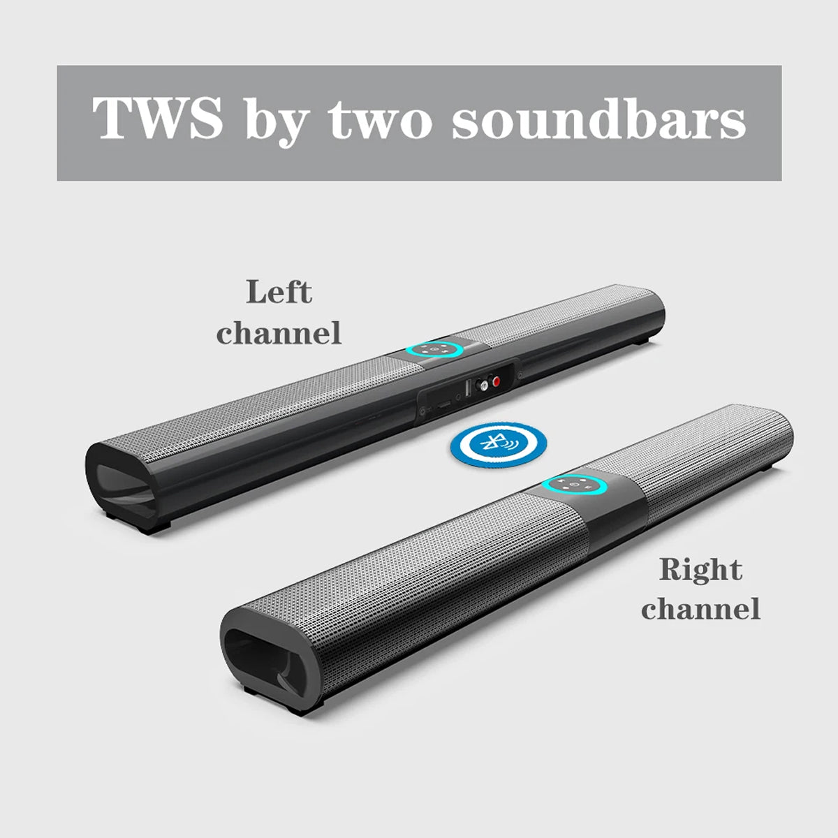 Two soundbars labeled 'Left channel' and 'Right channel' with 'TWS by two soundbars' text above.