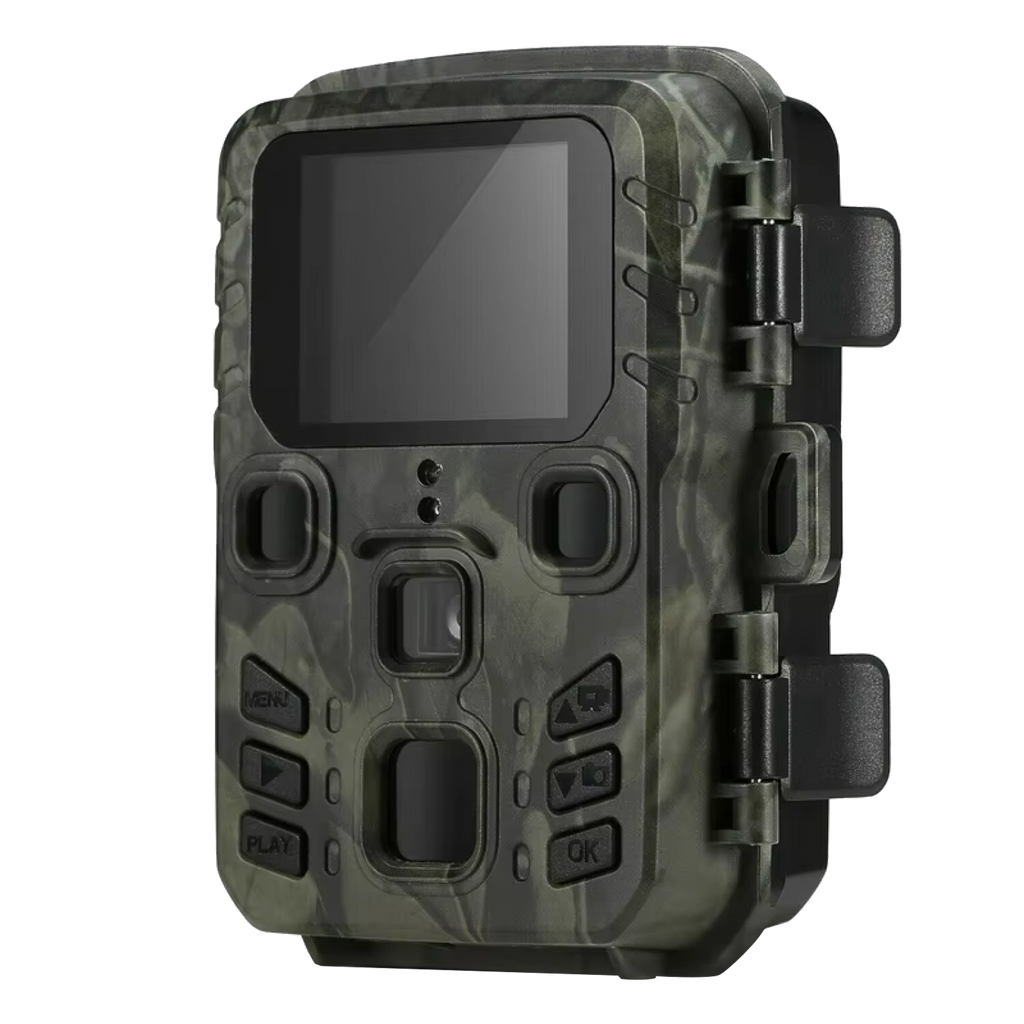 Camouflage-patterned wildlife camera on a white background