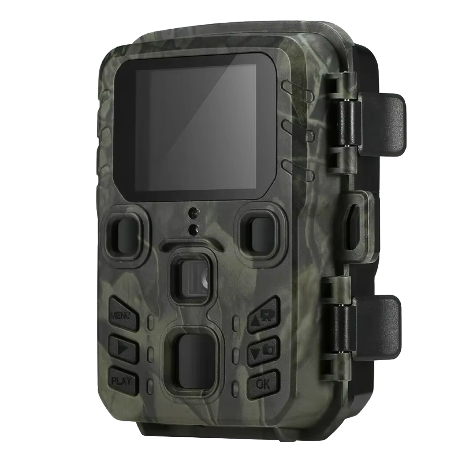 Camouflage-patterned wildlife camera on a white background