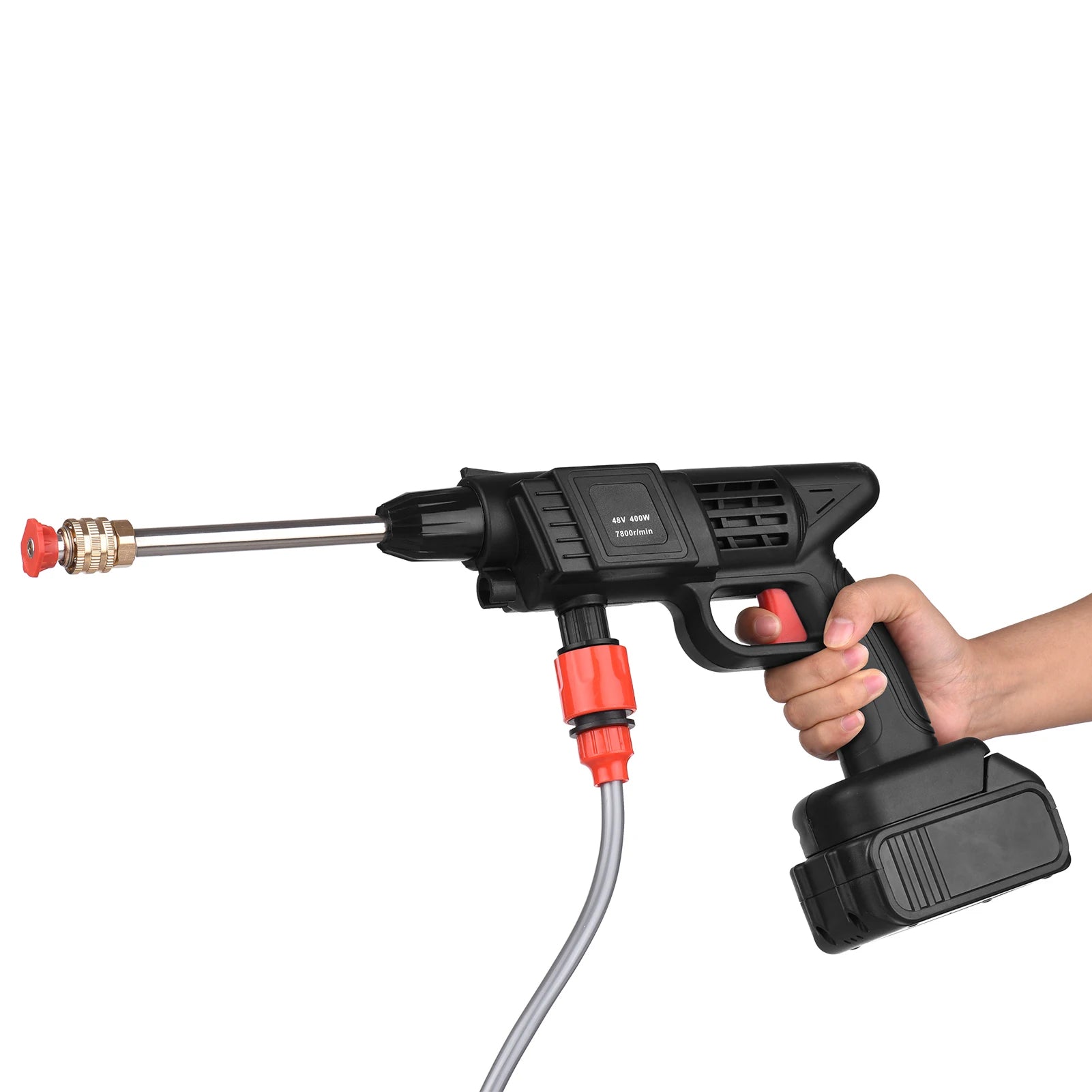 Handheld pressure washer with a hose on a white background