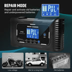 Smart battery charger with digital display on a dark background, featuring text about repair mode.