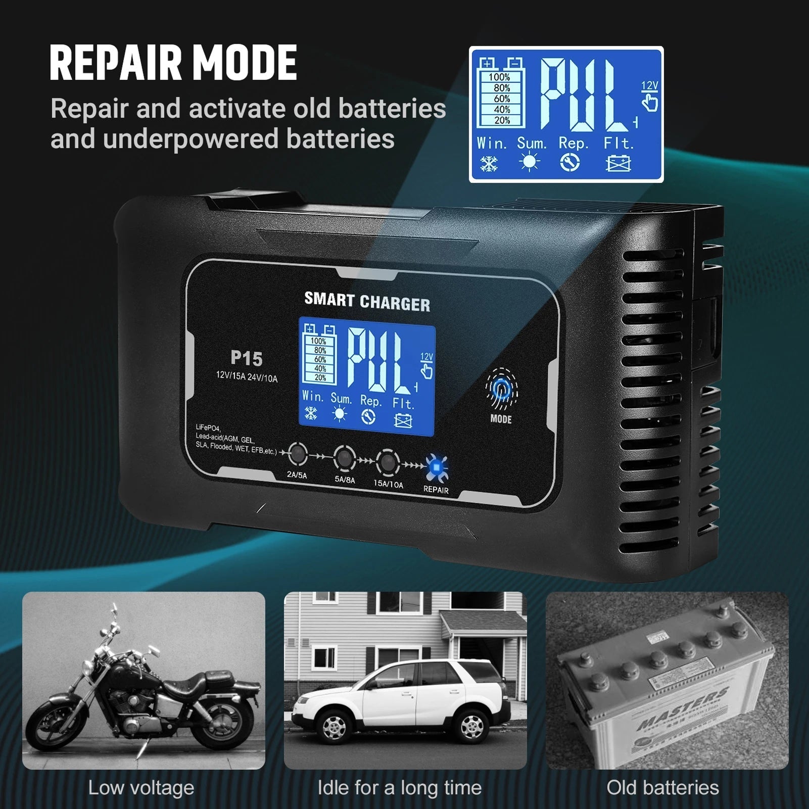 Smart battery charger with digital display on a dark background, featuring text about repair mode.