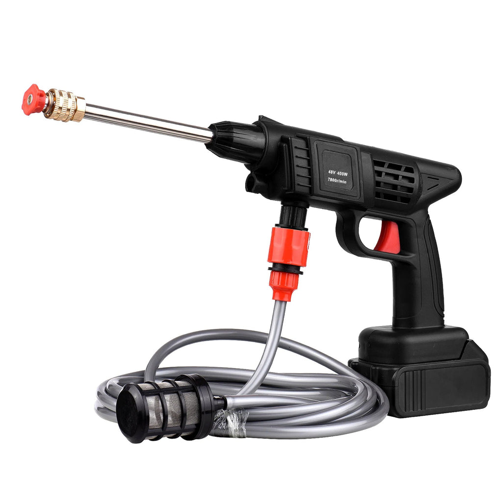 Black handheld pressure washer with hose on a white background