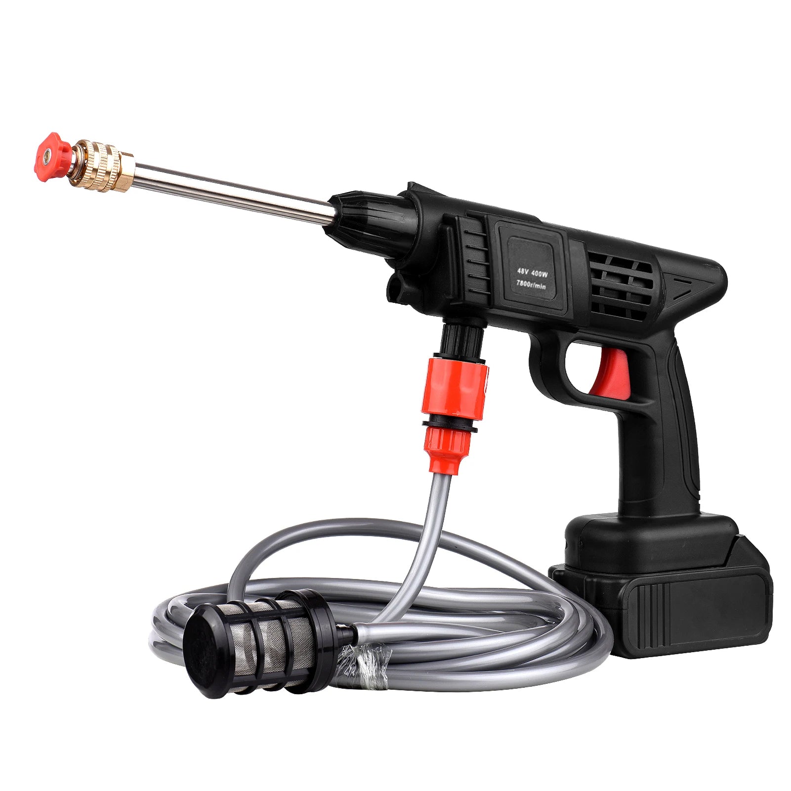 Black handheld pressure washer with hose on a white background