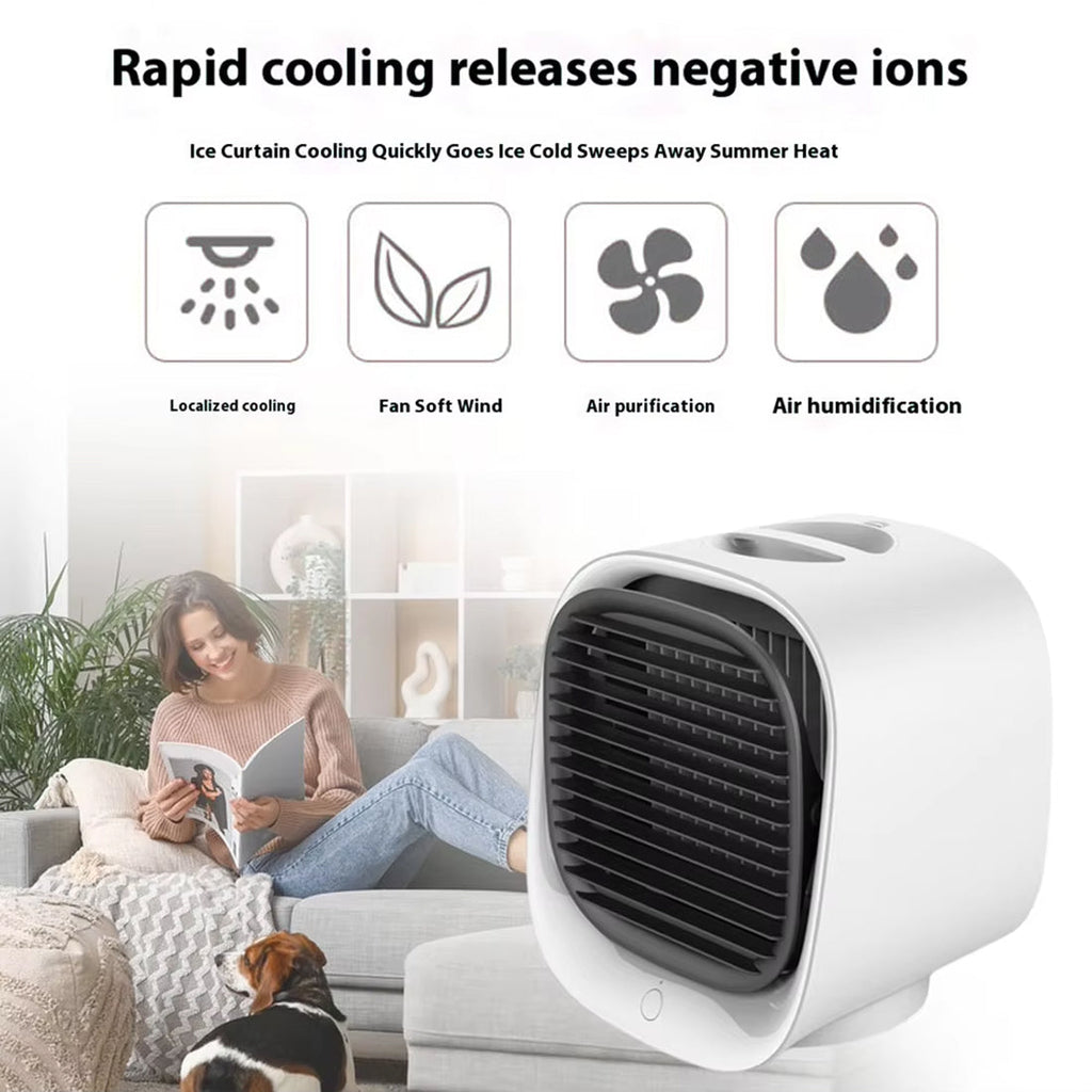 Portable air conditioner with features listed on a white background