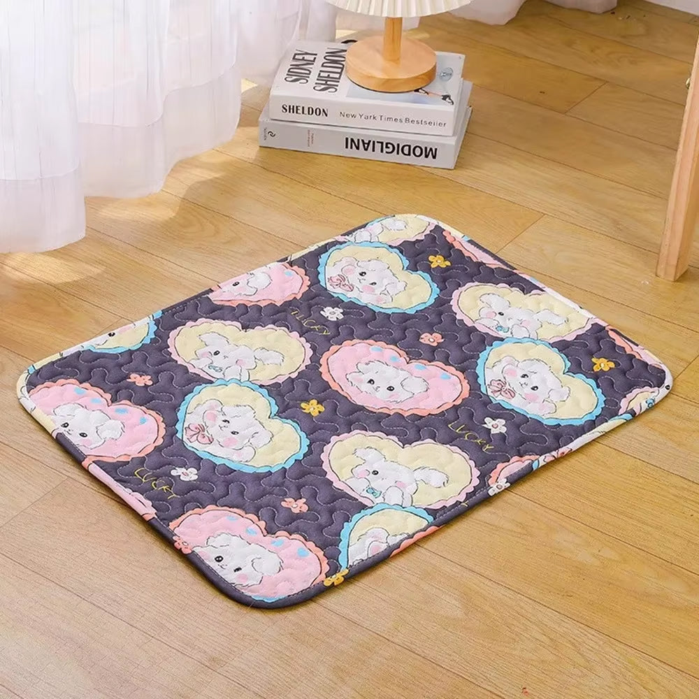 Decorative rug with cartoon dog designs on a wooden floor.