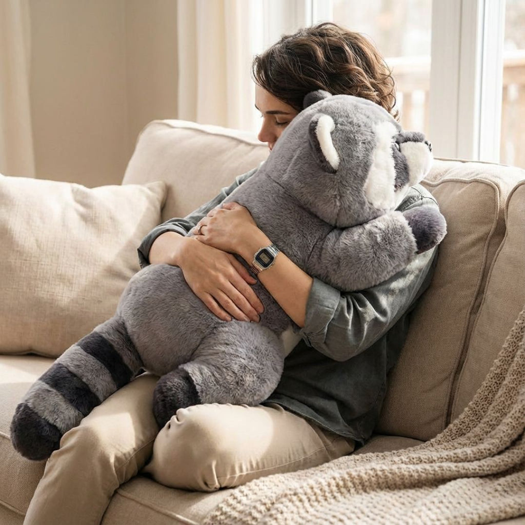 Person hugging a large plush raccoon toy on a couch