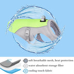 Dog life jacket with water absorbent storage fiber feature on a blue background