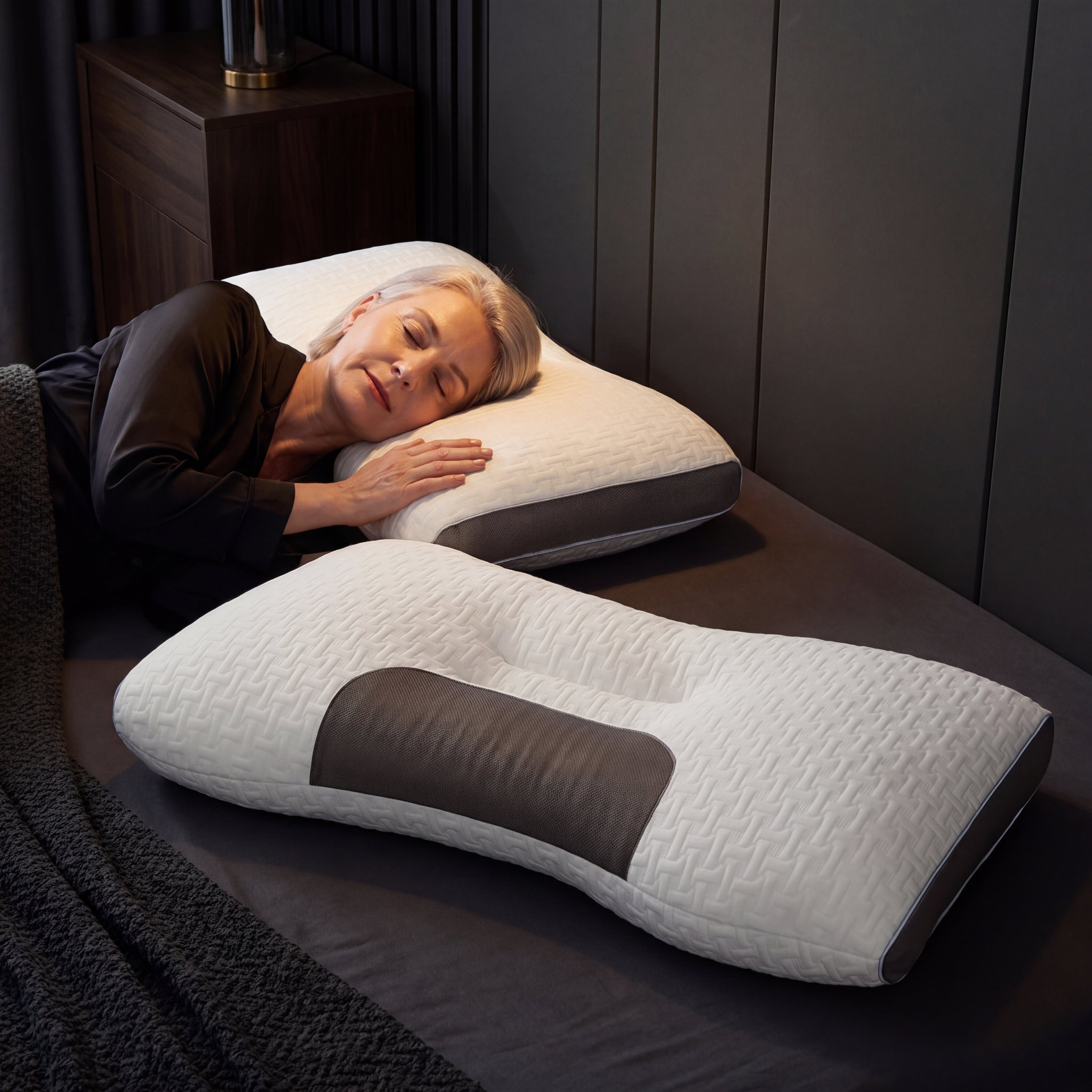 Woman lying on a bed with a unique shaped pillow