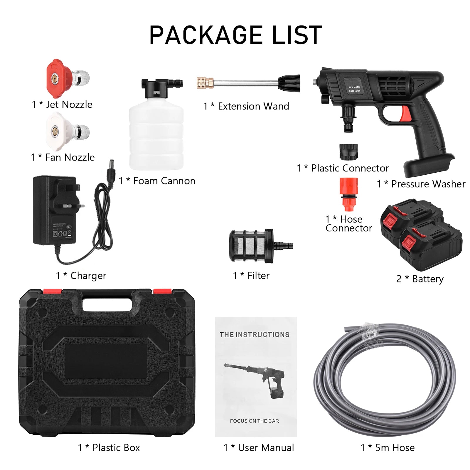 Package list of a pressure washer with various components and accessories on a white background.