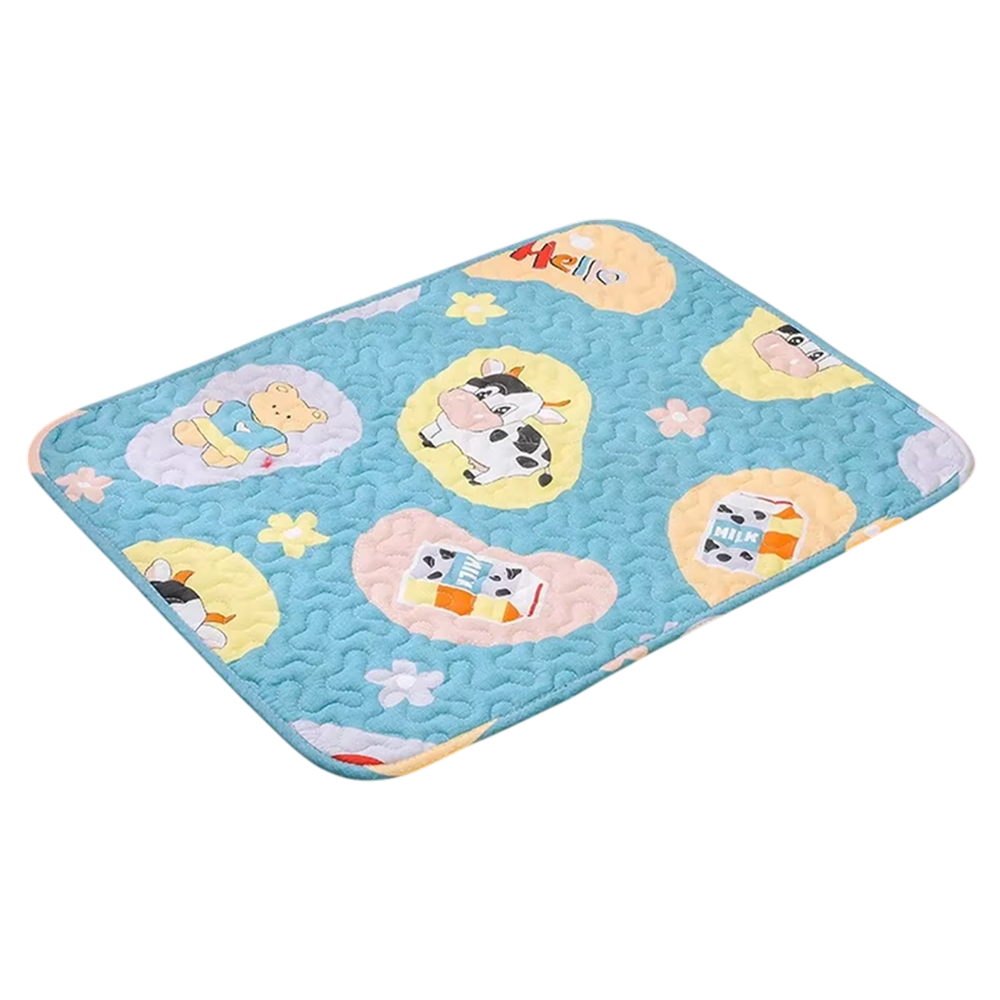 Children's quilt with cartoon animal designs on a light blue background