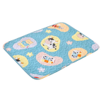 Children's quilt with cartoon animal designs on a light blue background