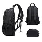 Black backpack shown from multiple angles on a white background