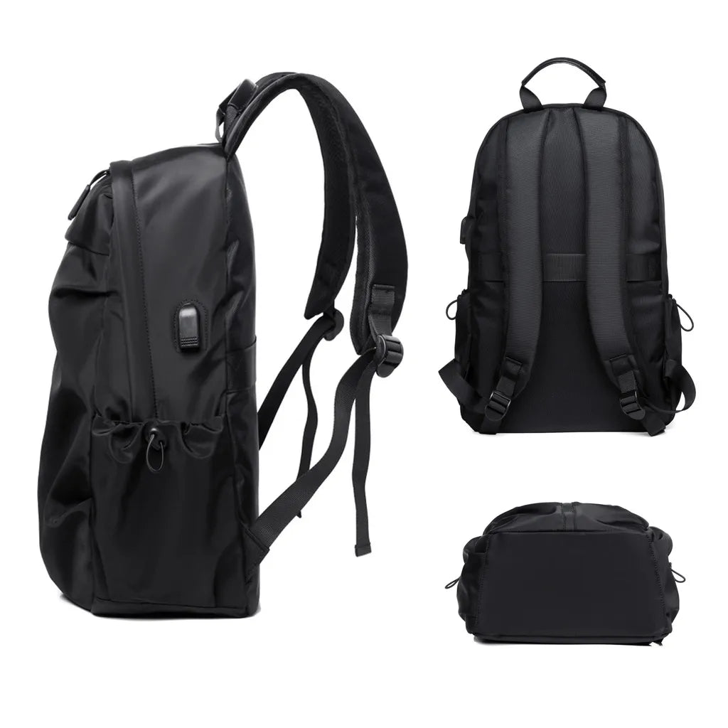 Black backpack shown from multiple angles on a white background
