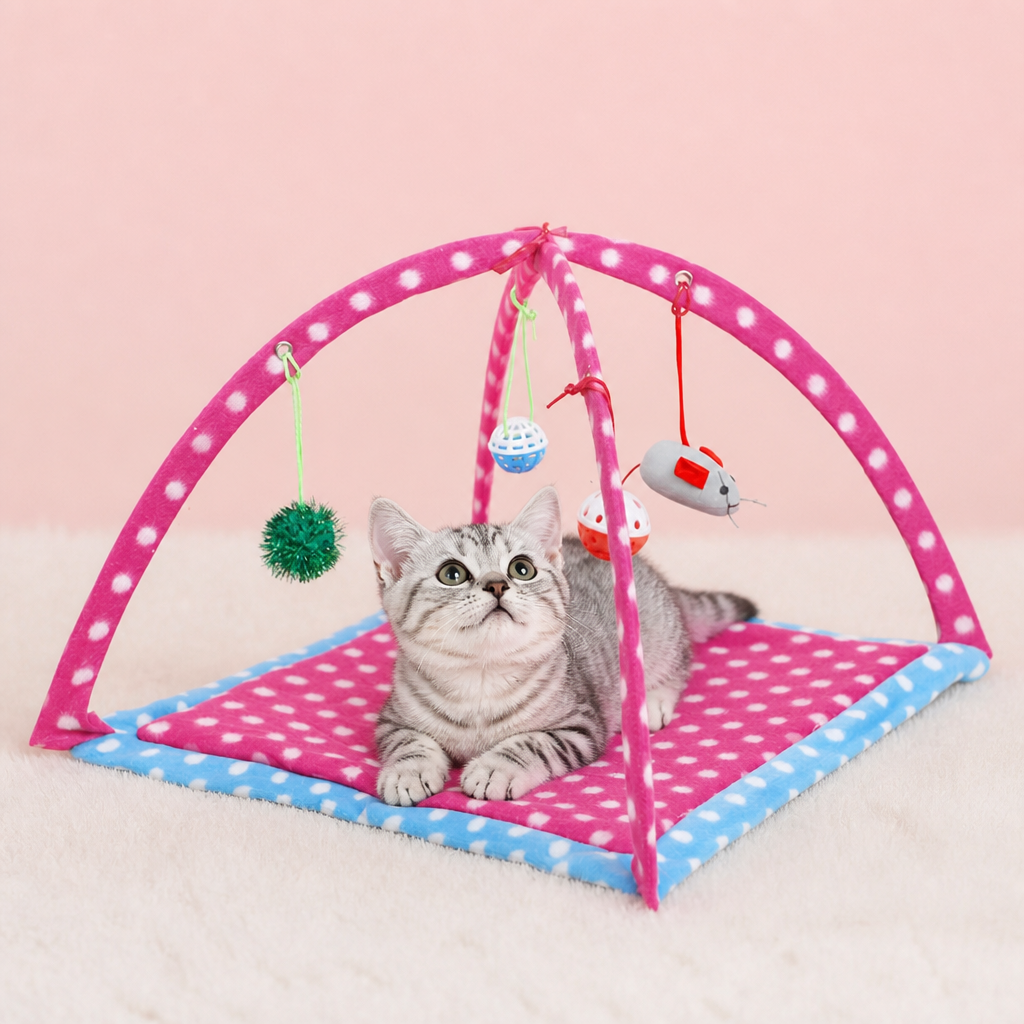 Cat playing with a pink and blue polka dot cat gym on a light pink background
