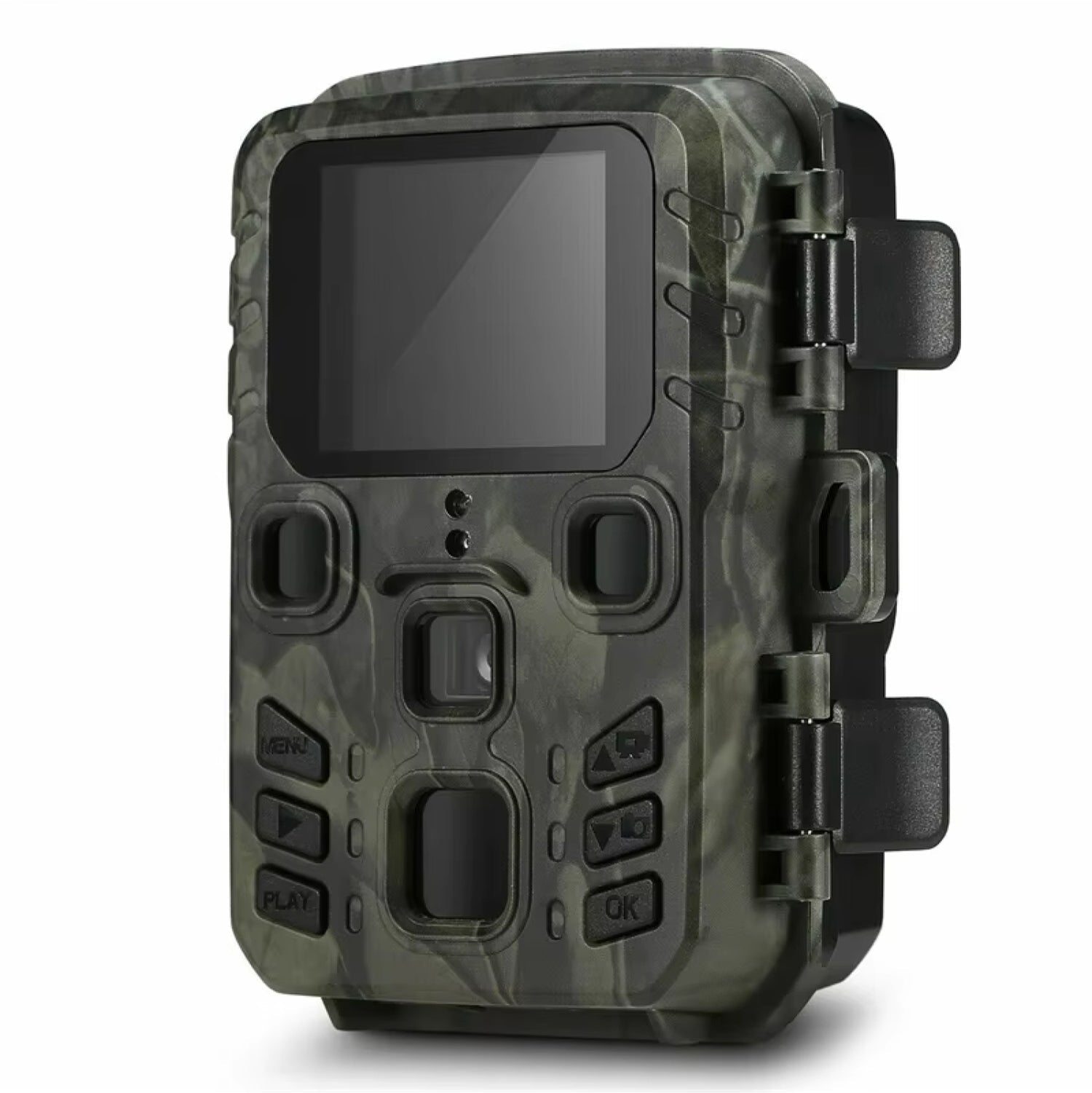 Camouflage-patterned wildlife camera on a white background