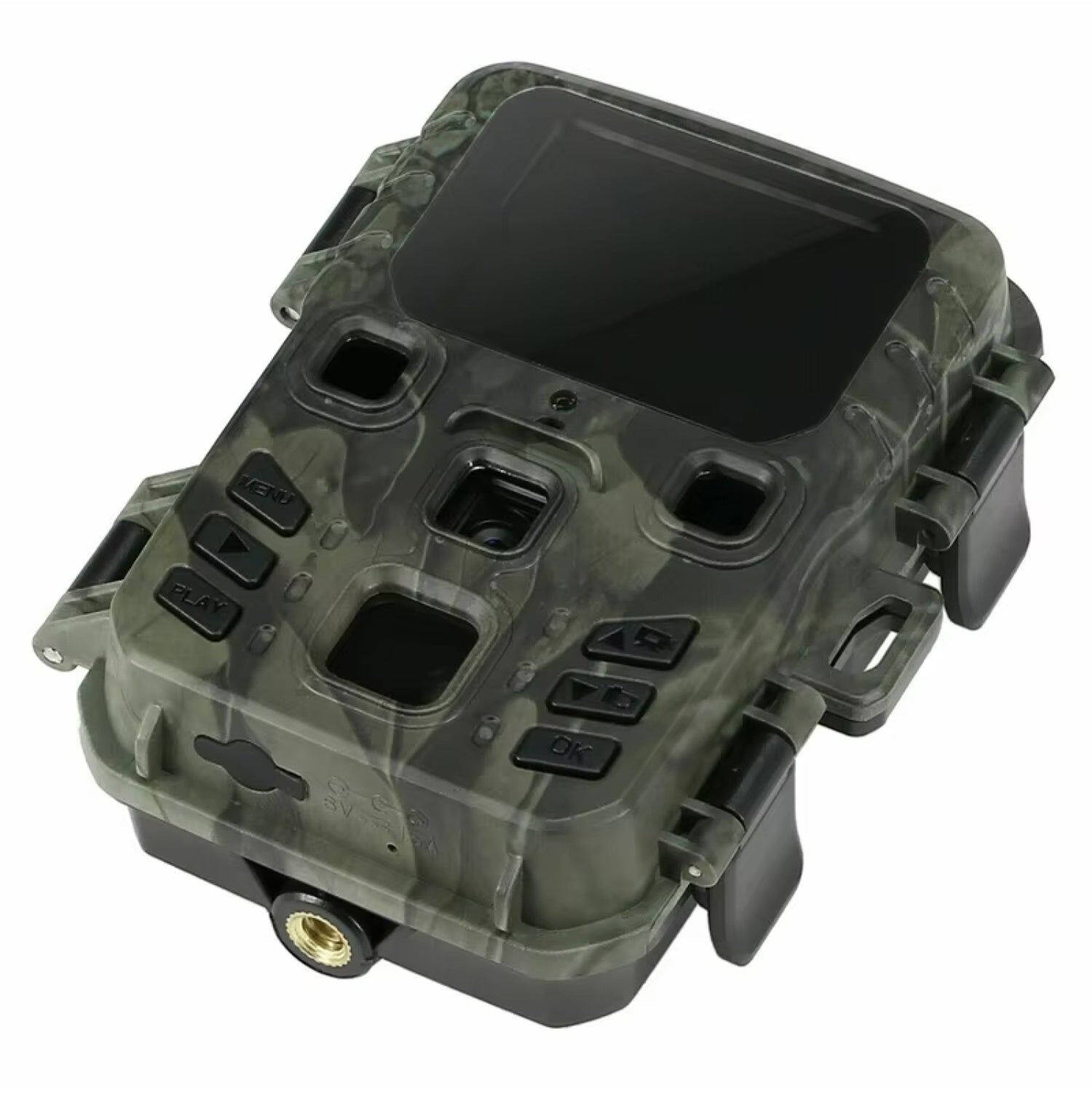 Camouflage-patterned electronic device with a screen and buttons on a white background