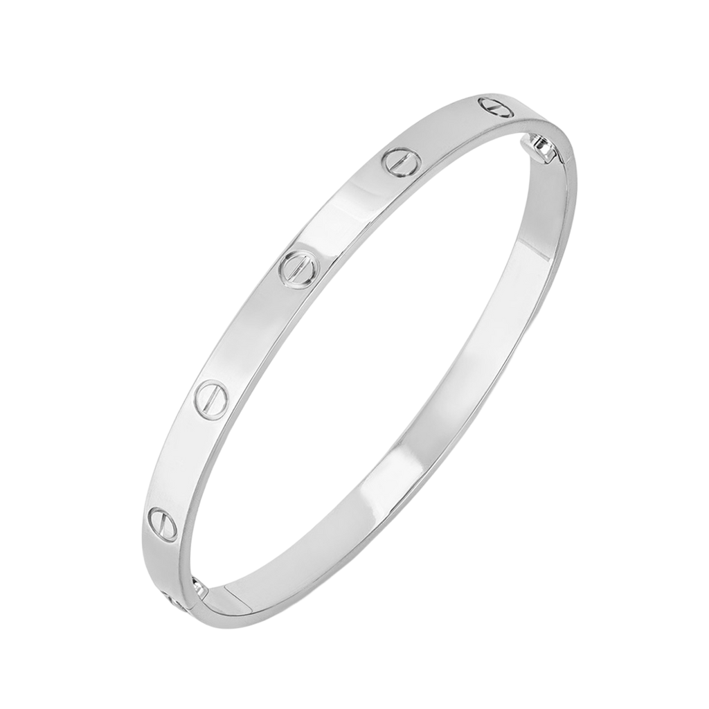 Silver bracelet with engraved design on a white background