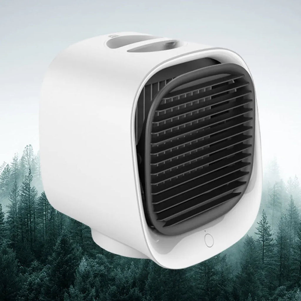 White portable fan with a forest background