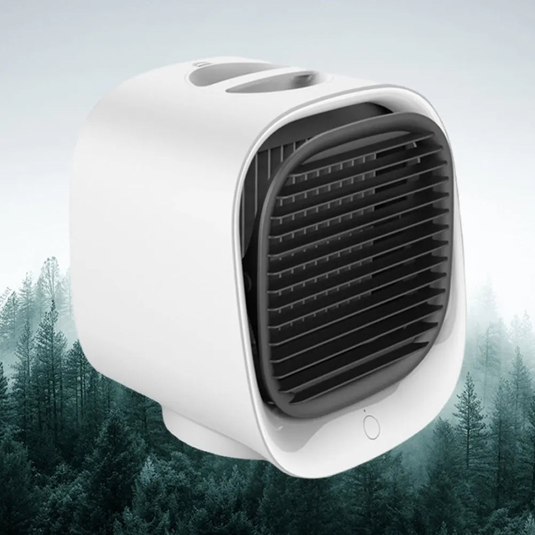 White portable fan with a forest background