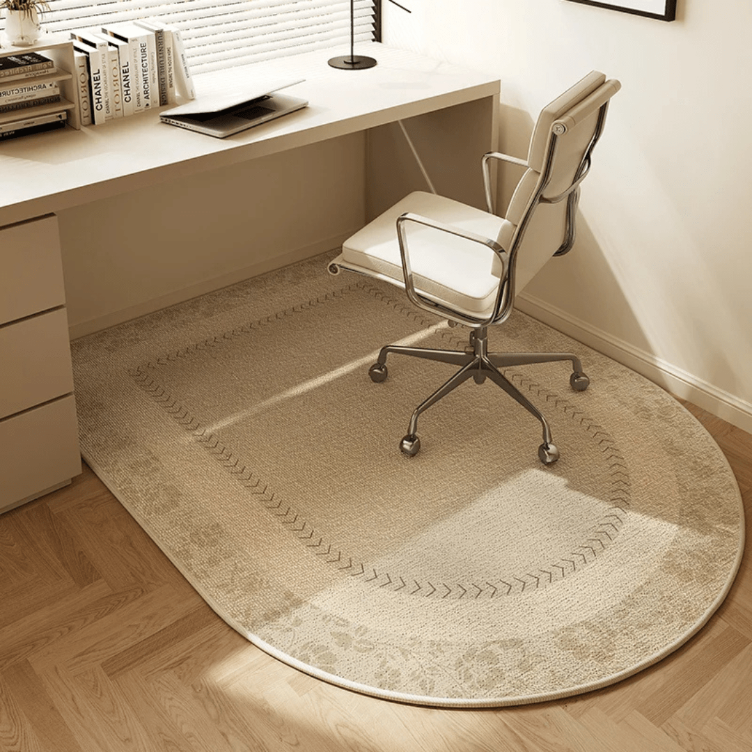 Beige office rug with a chair on a wooden floor in an office setting