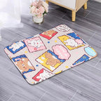 Colorful cartoon rug on a gray floor with a vase of flowers in the background