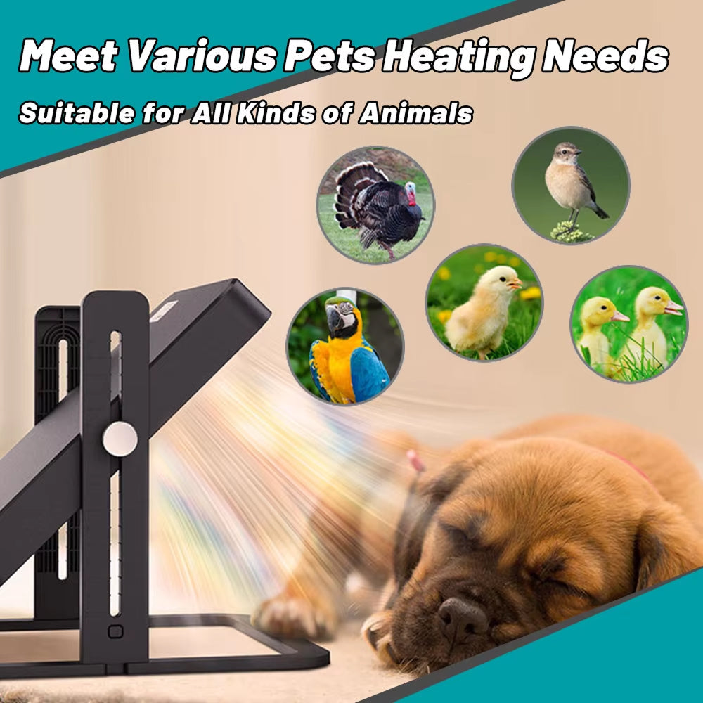 Heating device for pets with images of various animals and text indicating suitability for all kinds of animals.