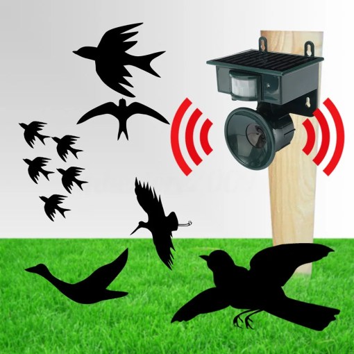 Bird repeller device with black bird silhouettes on a white background