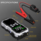 Jump starter with clamps and specifications on a gray background