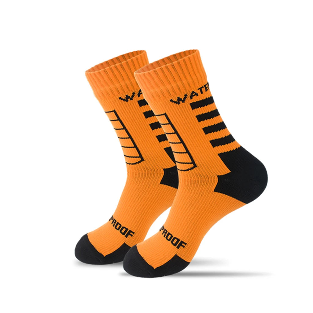 Orange socks with black accents on a white background