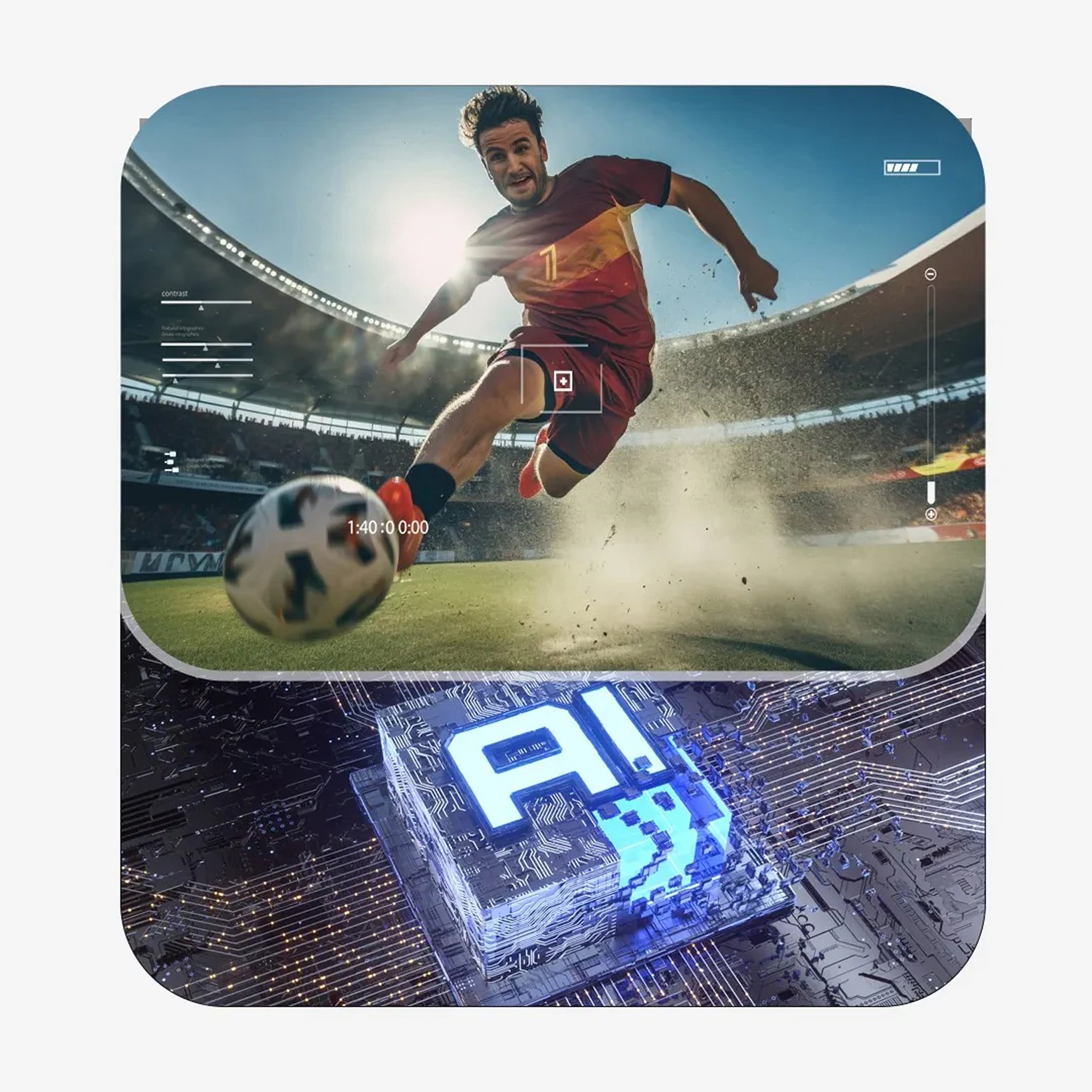 Soccer player in action on a field with AI technology graphic at the bottom.