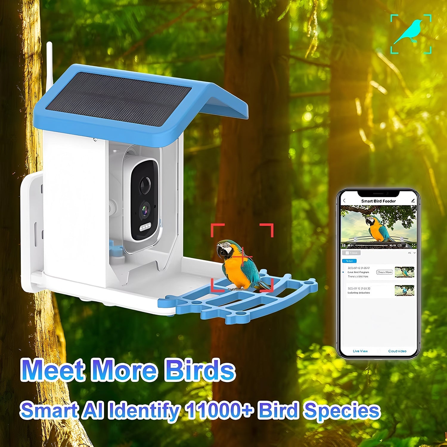 Smart bird feeder with camera and smartphone app displaying bird images, set against a forest background.