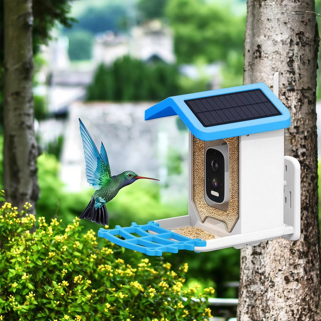 Solar-powered bird feeder attached to a tree with a hummingbird illustration.