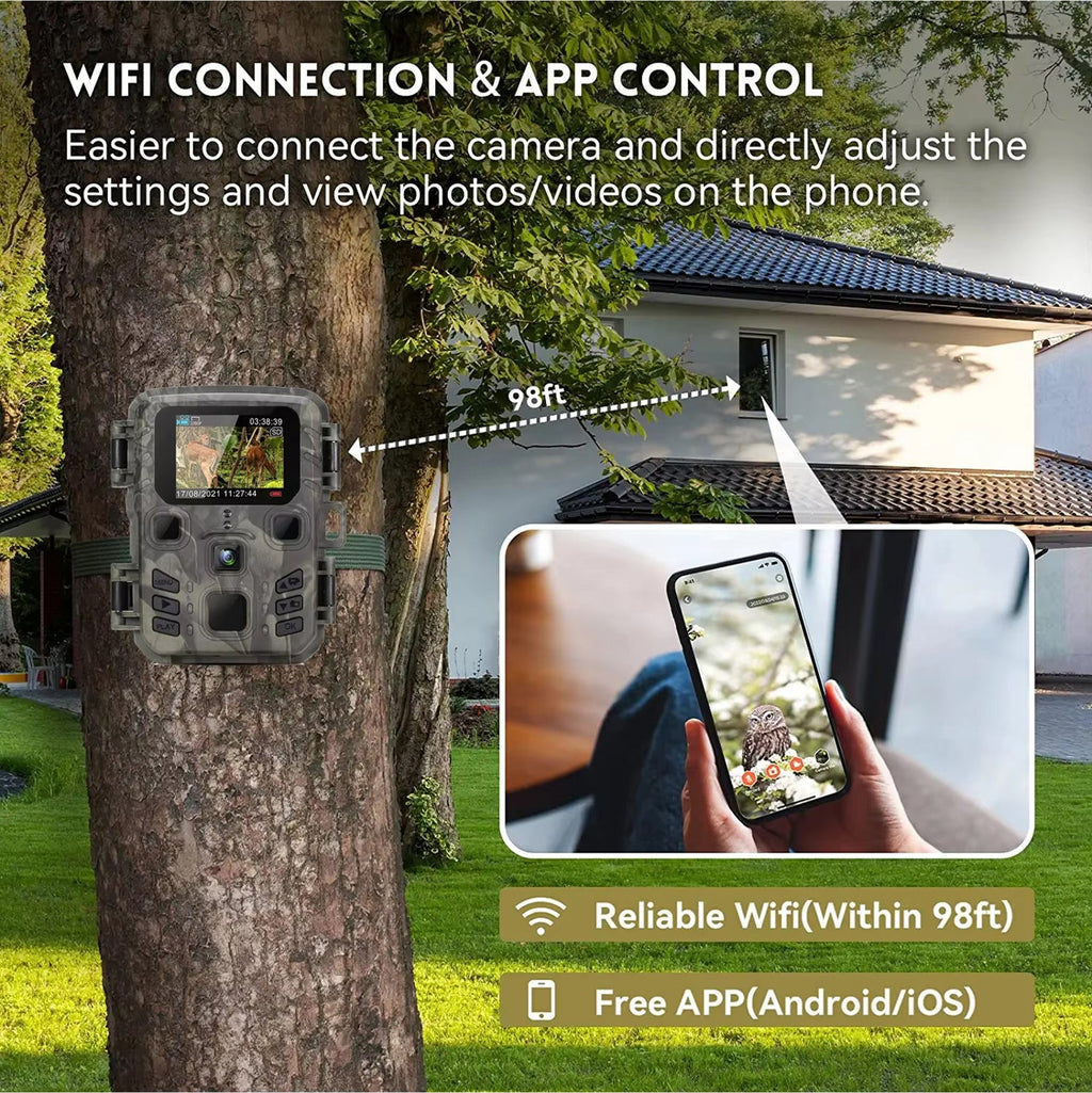 Wireless camera system attached to a tree with smartphone app control feature.